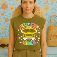 Field Trip Vibes Field Day School Bus Yellow Teacher Student Garment-Dyed Women's Muscle Tee