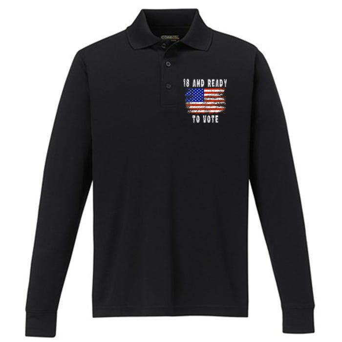 First Time Voter 18 And Ready To Vote Vintage American Flag Performance Long Sleeve Polo