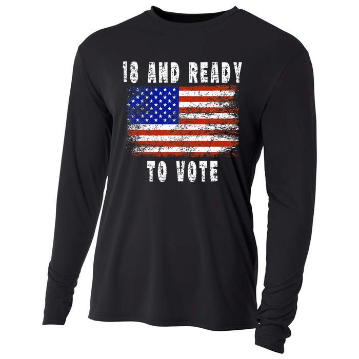 First Time Voter 18 And Ready To Vote Vintage American Flag Cooling Performance Long Sleeve Crew