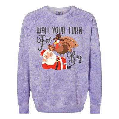 Funny Thanksgiving Wait Your Turn Fat Turkey And Santa Gift Colorblast Crewneck Sweatshirt