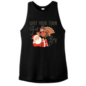 Funny Thanksgiving Wait Your Turn Fat Turkey And Santa Gift Ladies PosiCharge Tri-Blend Wicking Tank