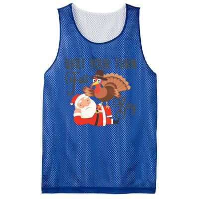 Funny Thanksgiving Wait Your Turn Fat Turkey And Santa Gift Mesh Reversible Basketball Jersey Tank