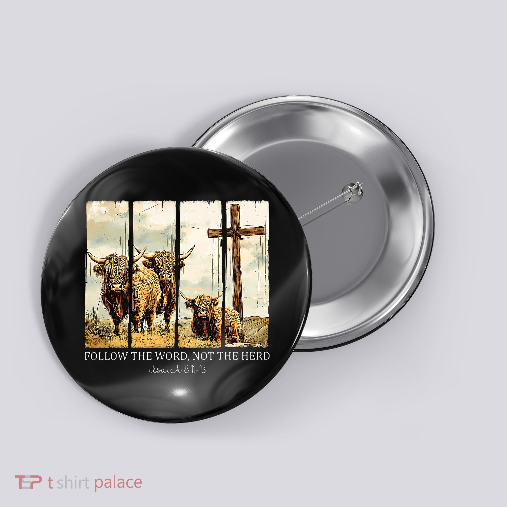 Follow The Word Not The Herd Christian Western Highland Cow Button