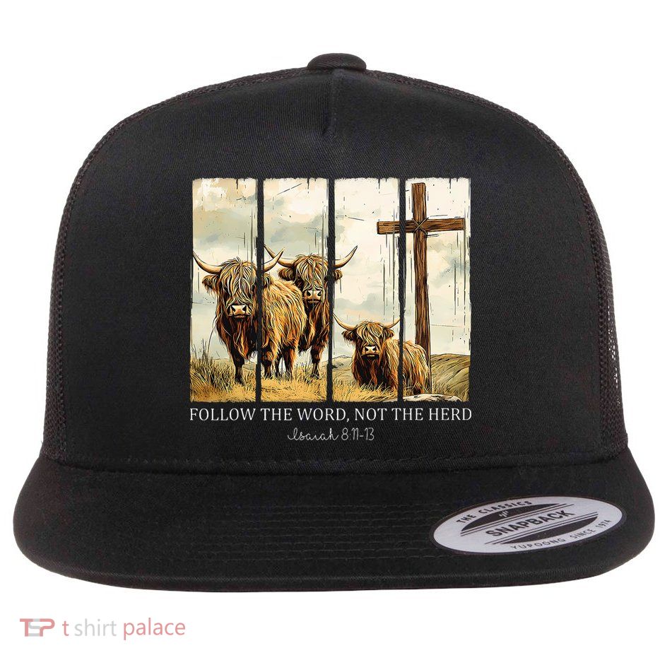 Follow The Word Not The Herd Christian Western Highland Cow Flat Bill Trucker Hat