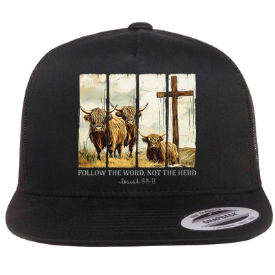 Follow The Word Not The Herd Christian Western Highland Cow Gift Flat Bill Trucker Hat