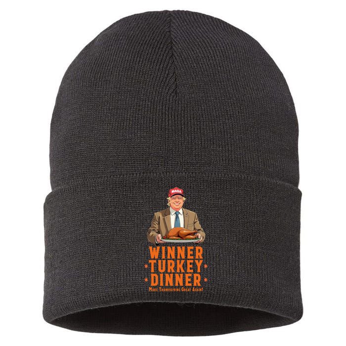 Funny Trump Winner Winner Turkey Dinner Thanksgiving Apparel Sustainable Knit Beanie