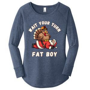 Funny Thanksgiving Wait Your Turn Fat Funny Santa Turkey Cute Gift Women's Perfect Tri Tunic Long Sleeve Shirt