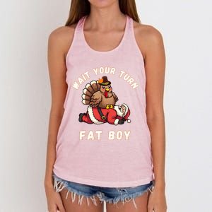 Funny Thanksgiving Wait Your Turn Fat Funny Santa Turkey Cute Gift Women's Knotted Racerback Tank