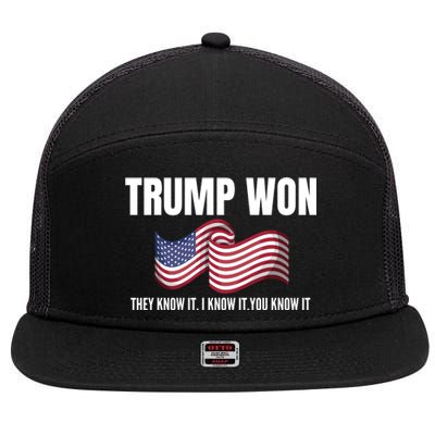 Funny Trump Won Election They Know It I Know It You Know It 7 Panel Mesh Trucker Snapback Hat