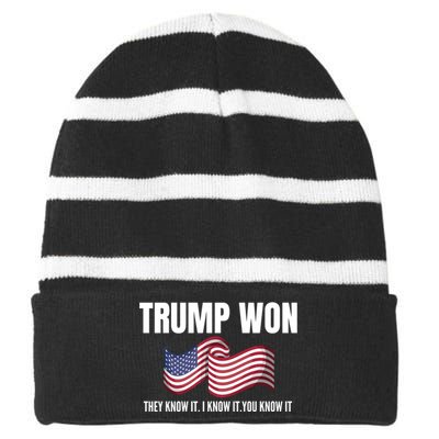 Funny Trump Won Election They Know It I Know It You Know It Striped Beanie with Solid Band