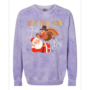 Funny Thanksgiving Wait Your Turn Fat Boy Turkey Santa Colorblast Crewneck Sweatshirt