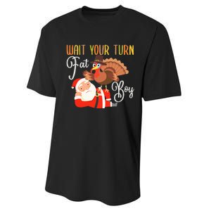 Funny Thanksgiving Wait Your Turn Fat Boy Turkey Santa Performance Sprint T-Shirt