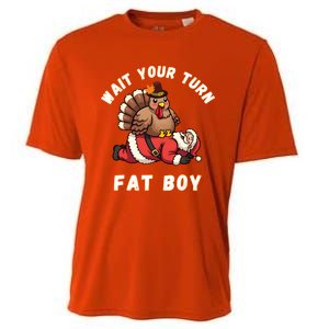 Funny Thanksgiving Wait Your Turn Fat Funny Santa Turkey Gift Cooling Performance Crew T-Shirt