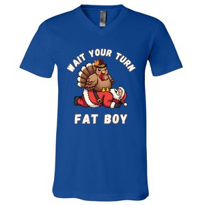 Funny Thanksgiving Wait Your Turn Fat Funny Santa Turkey Gift V-Neck T-Shirt