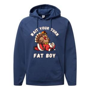 Funny Thanksgiving Wait Your Turn Fat Funny Santa Turkey Gift Performance Fleece Hoodie