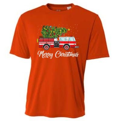 Fire Truck Xmas Tree Funny Firefighter Gift Merry Christmas Gift Cooling Performance Crew T-Shirt