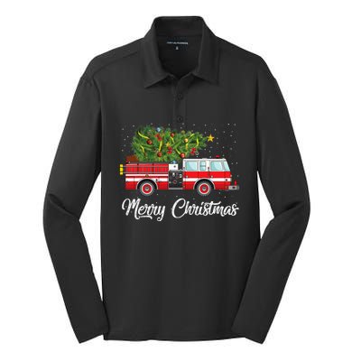 Fire Truck Xmas Tree Funny Firefighter Gift Merry Christmas Gift Silk Touch Performance Long Sleeve Polo