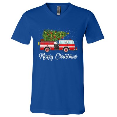 Fire Truck Xmas Tree Funny Firefighter Gift Merry Christmas Gift V-Neck T-Shirt