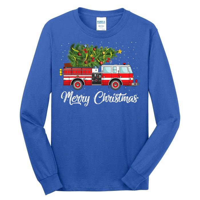 Fire Truck Xmas Tree Funny Firefighter Gift Merry Christmas Gift Tall Long Sleeve T-Shirt