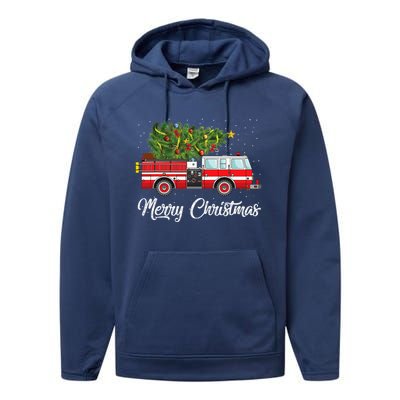 Fire Truck Xmas Tree Funny Firefighter Gift Merry Christmas Gift Performance Fleece Hoodie