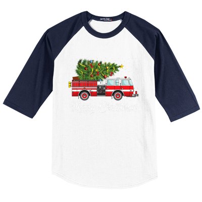 Fire Truck Xmas Tree Funny Firefighter Gift Merry Christmas Gift Baseball Sleeve Shirt