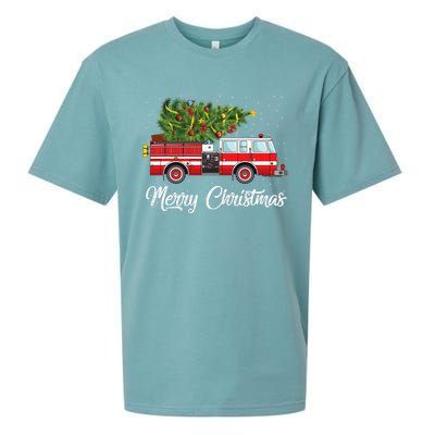 Fire Truck Xmas Tree Funny Firefighter Gift Merry Christmas Gift Sueded Cloud Jersey T-Shirt