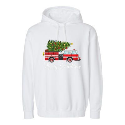 Fire Truck Xmas Tree Funny Firefighter Gift Merry Christmas Gift Garment-Dyed Fleece Hoodie