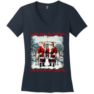 Funny Trump Xmas Pajamas ILl Be Home For Christmas Santa Women's V-Neck T-Shirt