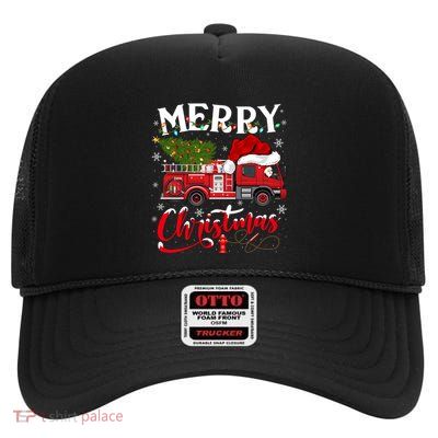 Fire Truck Xmas Tree Fire Firefighter Merry Christmas Great Gift High Crown Mesh Back Trucker Hat