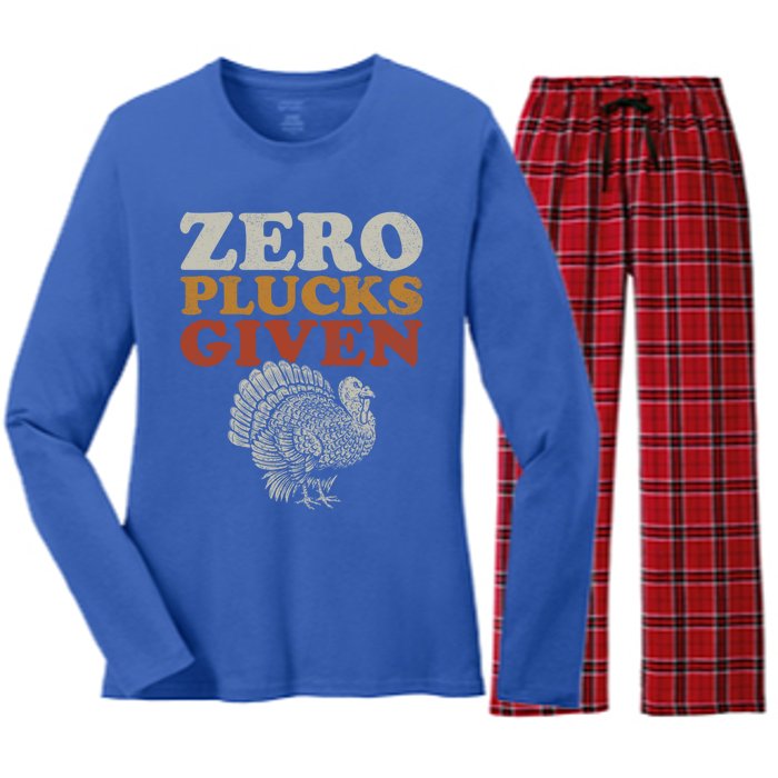 Funny Turkey Zero Plucks Given Thanksgiving Gift Women's Long Sleeve Flannel Pajama Set 