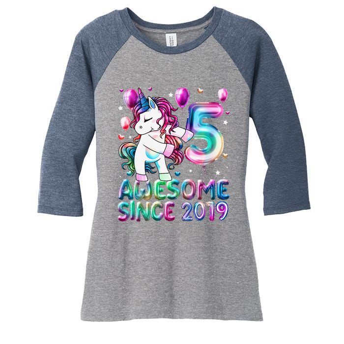 Flossing Unicorn 5 Year Old 5th Birthday Girl Unicorn Party Women's Tri-Blend 3/4-Sleeve Raglan Shirt