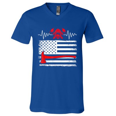 Firefighter Usa American Flag With Wildland Firefighter Hero Cute Gift V-Neck T-Shirt