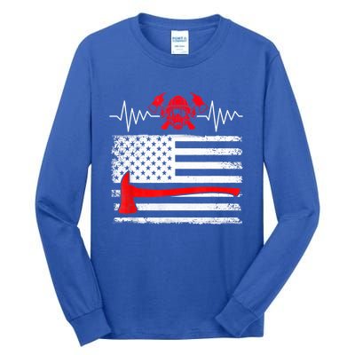 Firefighter Usa American Flag With Wildland Firefighter Hero Cute Gift Tall Long Sleeve T-Shirt