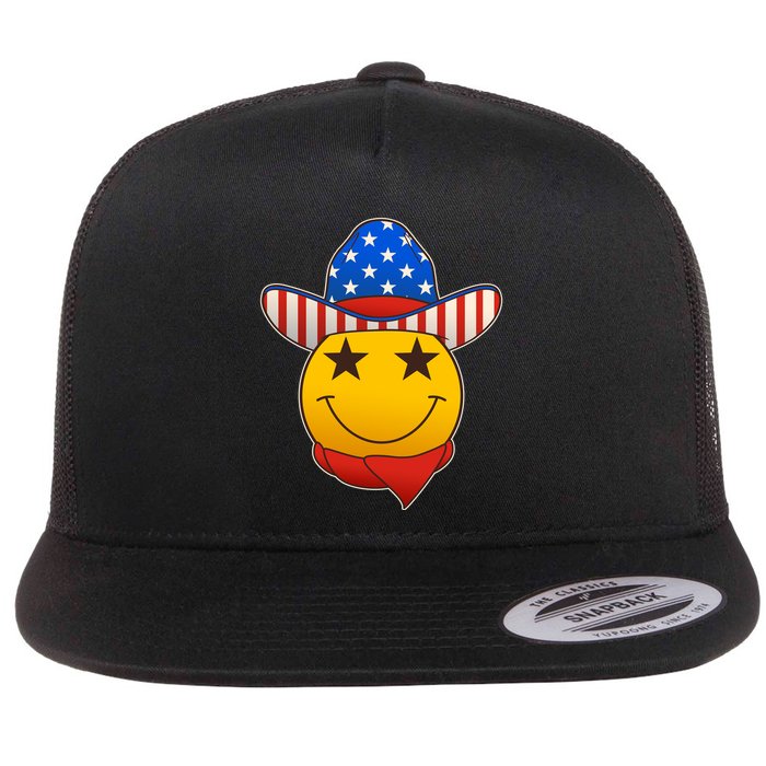 Funny USA American Flag Cowboy Smiley Emoji Flatbill Hat