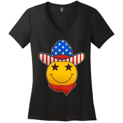 Funny USA American Flag Cowboy Smiley Emoji Women's V-Neck T-Shirt