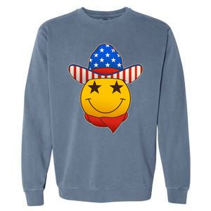 Funny USA American Flag Cowboy Smiley Emoji Garment-Dyed Sweatshirt