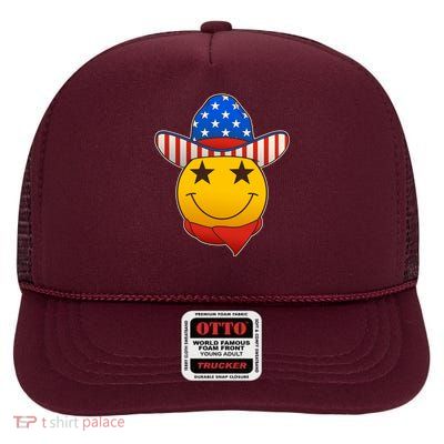 Funny USA American Flag Cowboy Smiley Emoji High Crown Mesh Back Trucker Hat