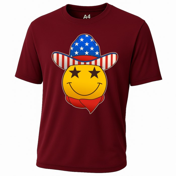 Funny USA American Flag Cowboy Smiley Emoji Cooling Performance Crew T-Shirt