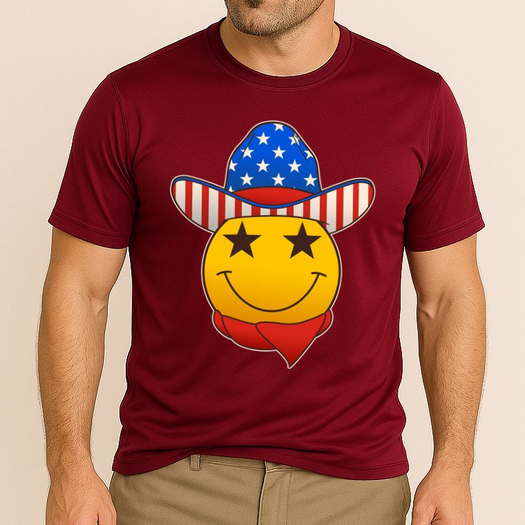 Funny USA American Flag Cowboy Smiley Emoji Cooling Performance Crew T-Shirt
