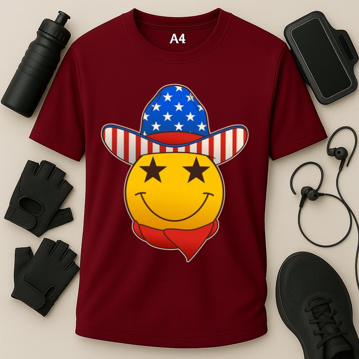 Funny USA American Flag Cowboy Smiley Emoji Cooling Performance Crew T-Shirt