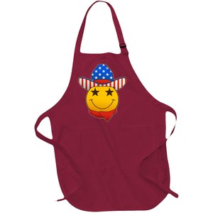 Funny USA American Flag Cowboy Smiley Emoji Full-Length Apron With Pockets