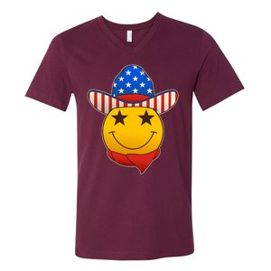 Funny USA American Flag Cowboy Smiley Emoji V-Neck T-Shirt