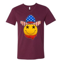 Funny USA American Flag Cowboy Smiley Emoji V-Neck T-Shirt