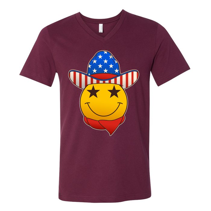 Funny USA American Flag Cowboy Smiley Emoji V-Neck T-Shirt