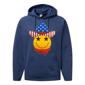 Funny USA American Flag Cowboy Smiley Emoji Performance Fleece Hoodie