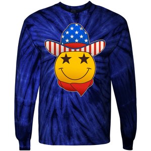 Funny USA American Flag Cowboy Smiley Emoji Tie-Dye Long Sleeve Shirt