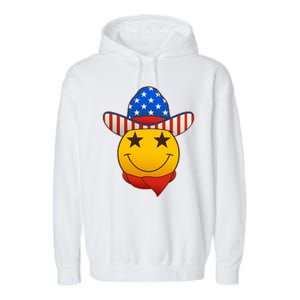 Funny USA American Flag Cowboy Smiley Emoji Garment-Dyed Fleece Hoodie