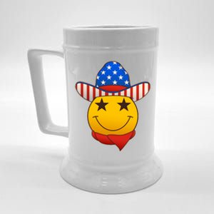 Funny USA American Flag Cowboy Smiley Emoji Beer Stein