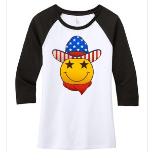 Funny USA American Flag Cowboy Smiley Emoji Women's Tri-Blend 3/4-Sleeve Raglan Shirt