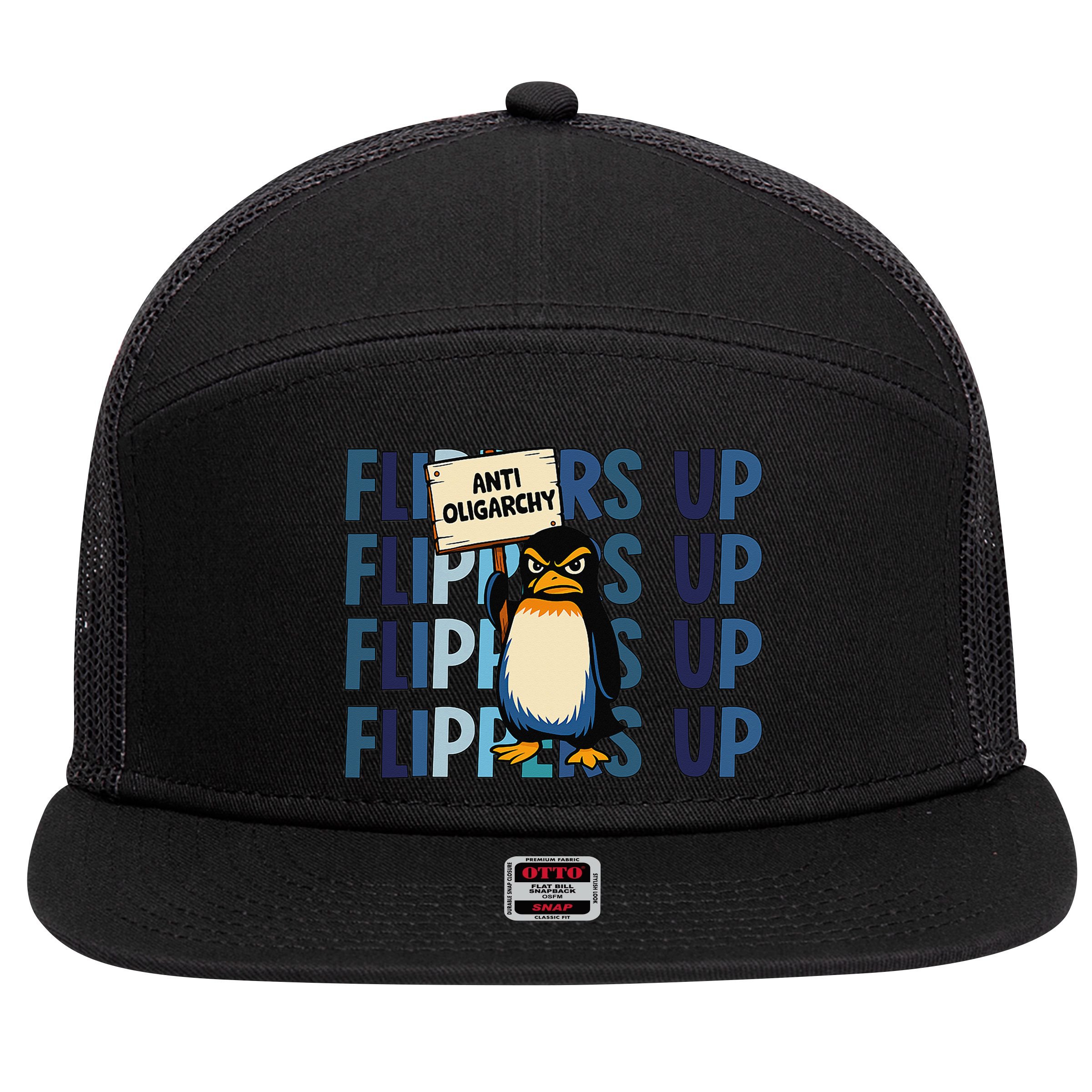 Flippers Up Anti Oligarchy Penguins 8647 Protect Facism 7 Panel Mesh Trucker Snapback Hat
